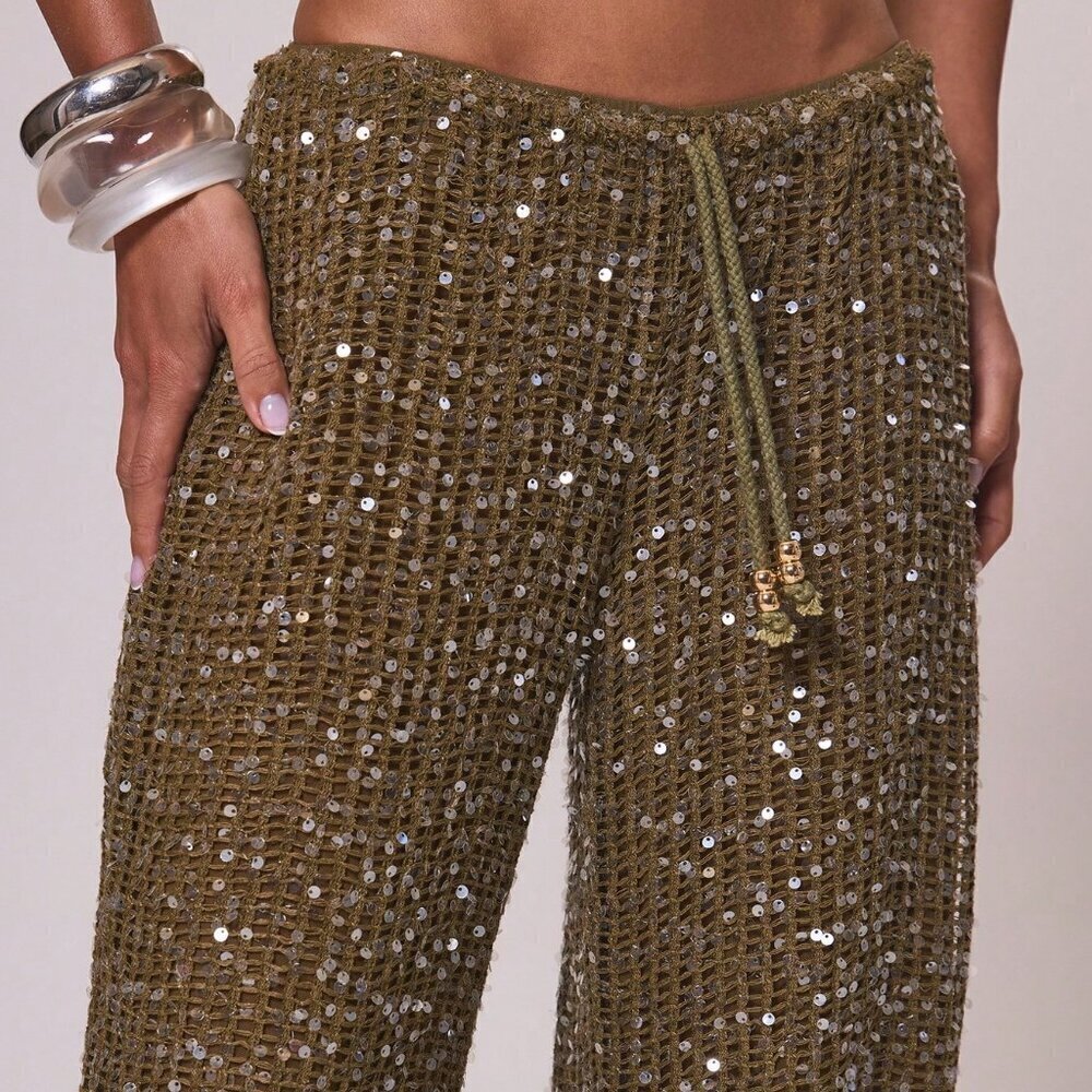 Olive Green Boho Women's Resort Knit with sequin pants - Picture 7 of 8